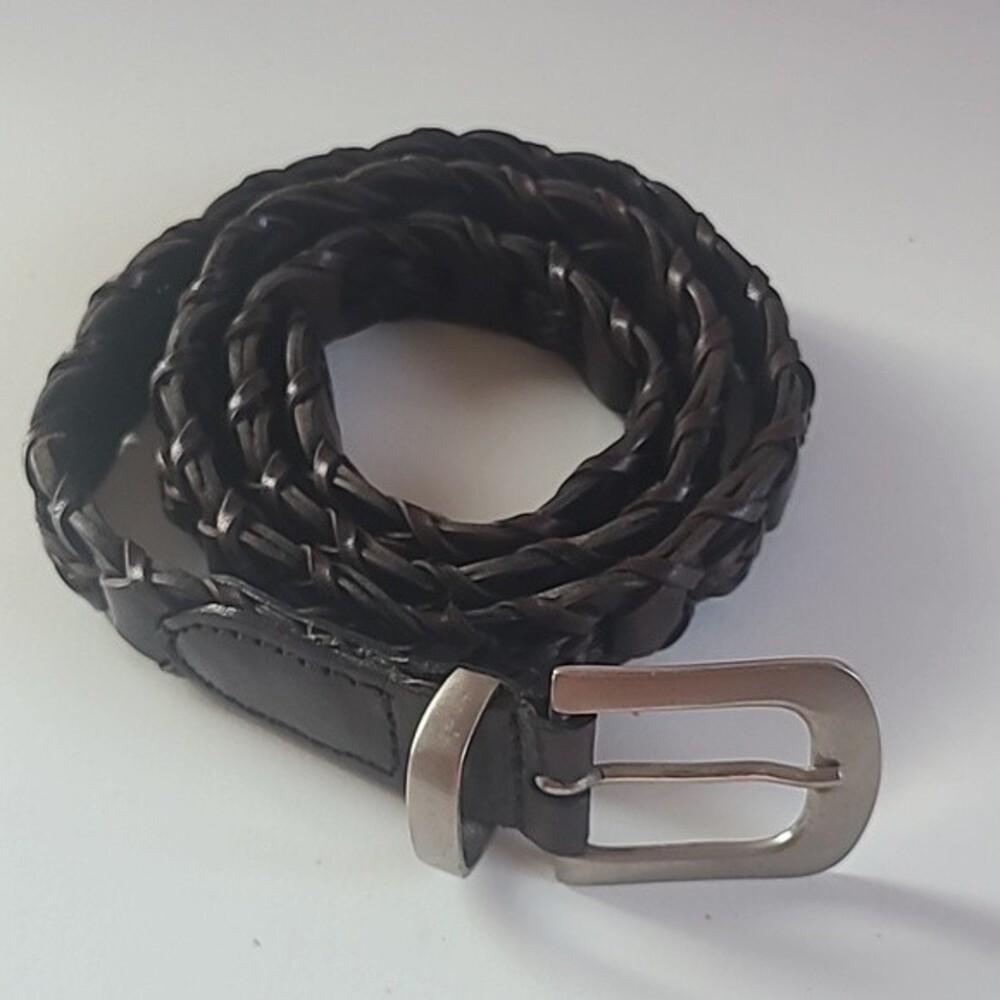 Amee Lynn Brown Braided Leather Chain Woven Belt Size M/L Silver Brass Buckle